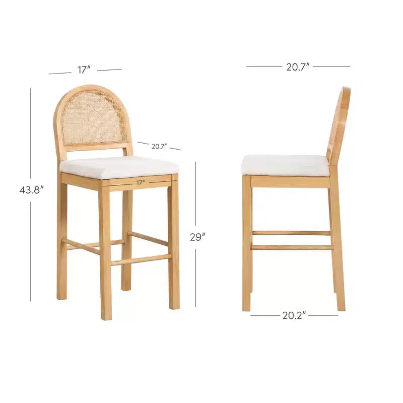 Counter Height Barstool, Oak Rattan Back with Cream Boucle Seat