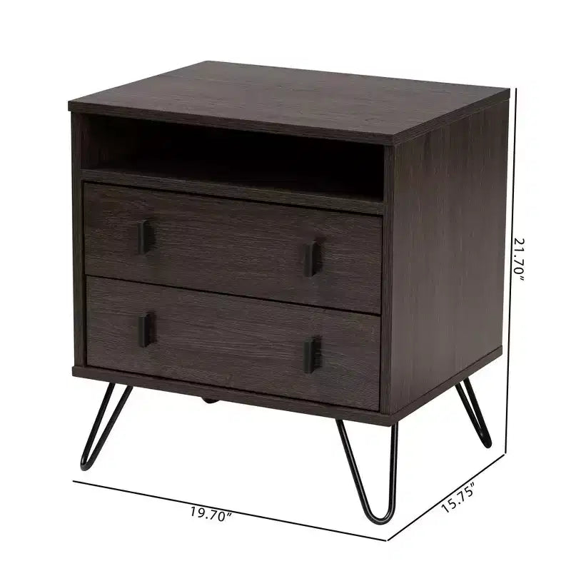 2-Drawer Brown/Black Wood and Metal Nightstand with Open Shelf