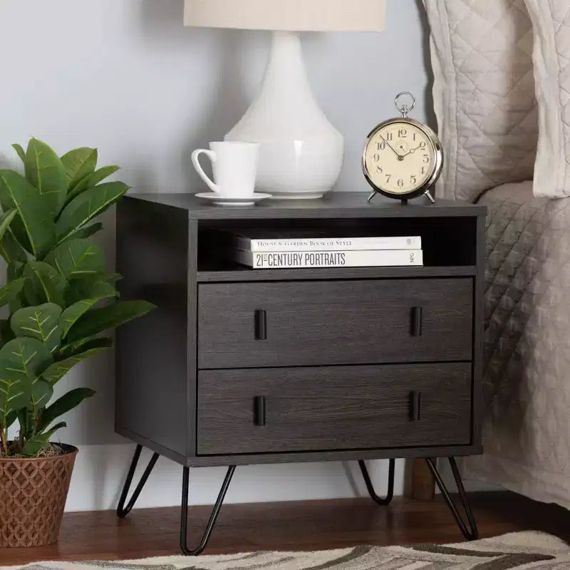 2-Drawer Brown/Black Wood and Metal Nightstand with Open Shelf