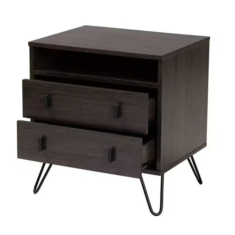 2-Drawer Brown/Black Wood and Metal Nightstand with Open Shelf