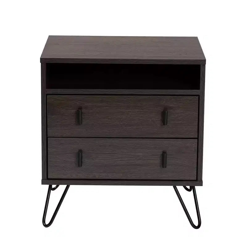 2-Drawer Brown/Black Wood and Metal Nightstand with Open Shelf