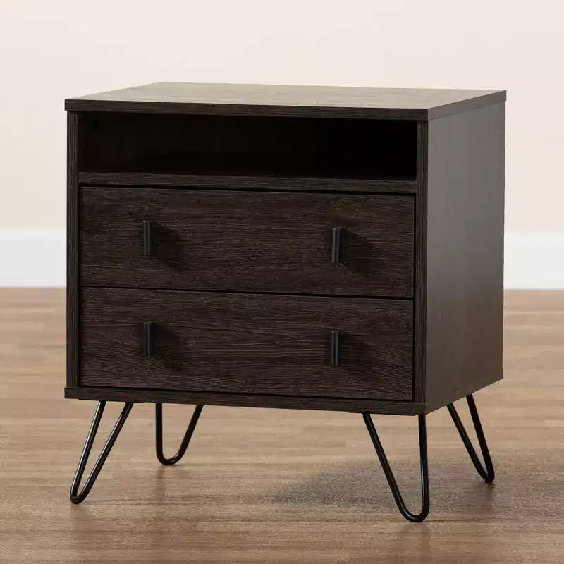 2-Drawer Brown/Black Wood and Metal Nightstand with Open Shelf