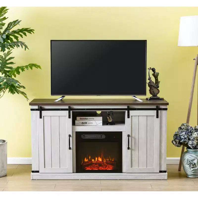Electric Fireplace TV Stand with Barn Door Console for TVs up to 60"