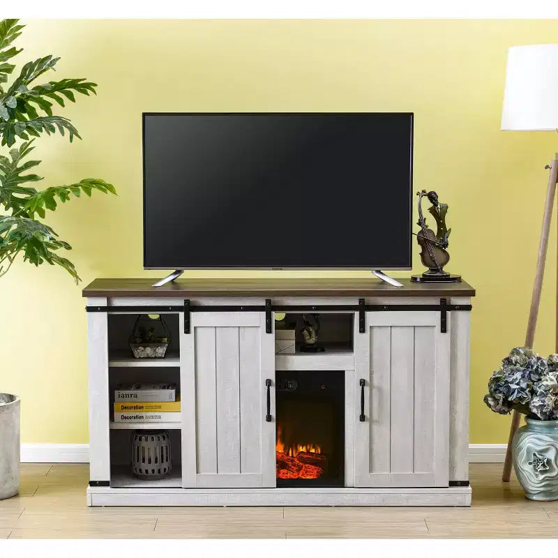 Electric Fireplace TV Stand with Barn Door Console for TVs up to 60"