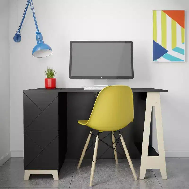 2-Drawer Desk, Black/Birch Plywood with Open Storage Shelf