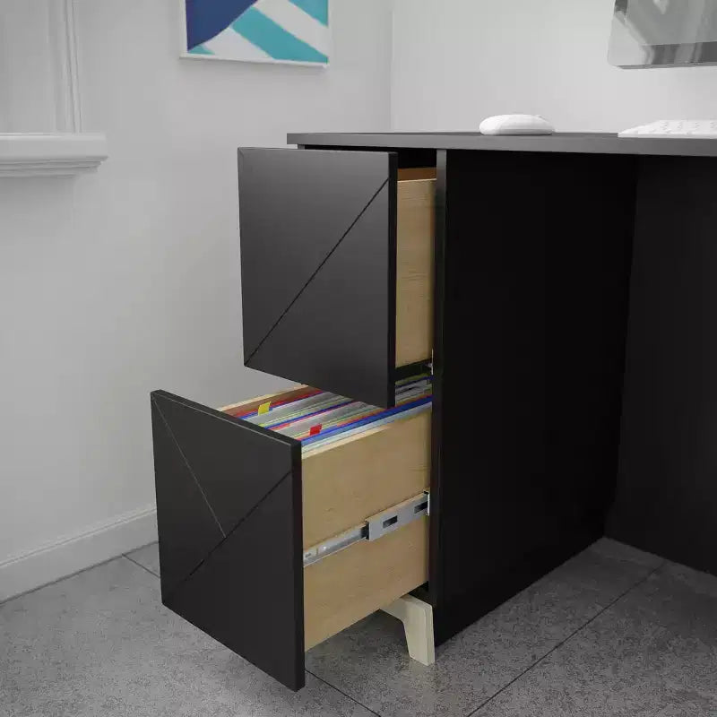 2-Drawer Desk, Black/Birch Plywood with Open Storage Shelf