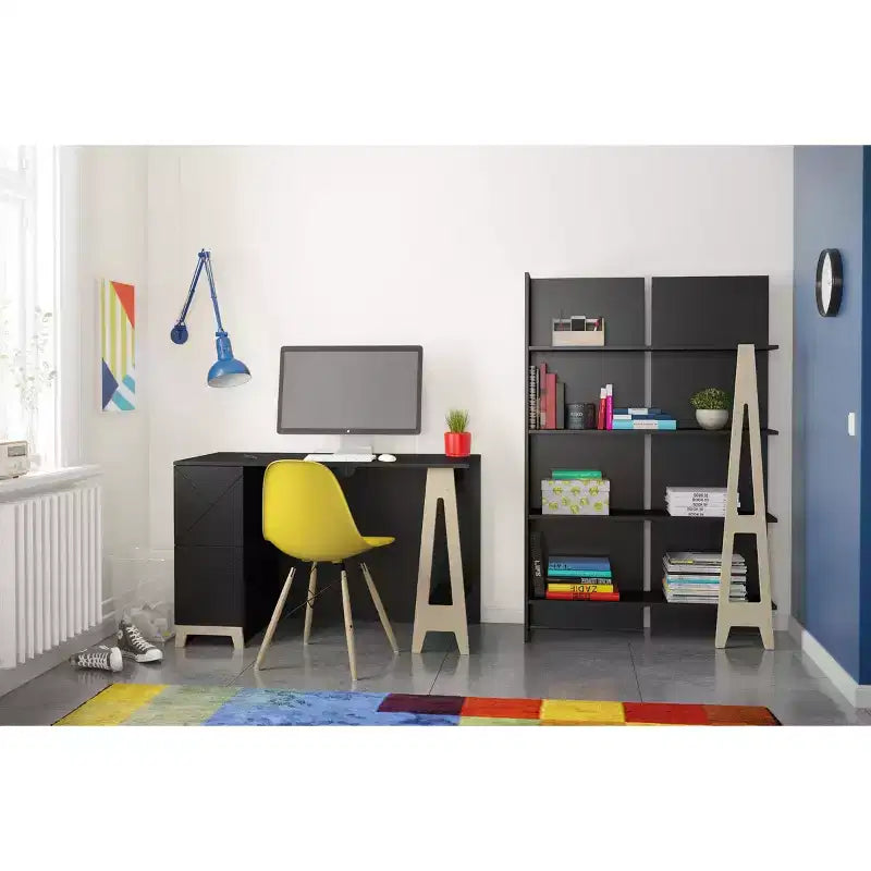 2-Drawer Desk, Black/Birch Plywood with Open Storage Shelf