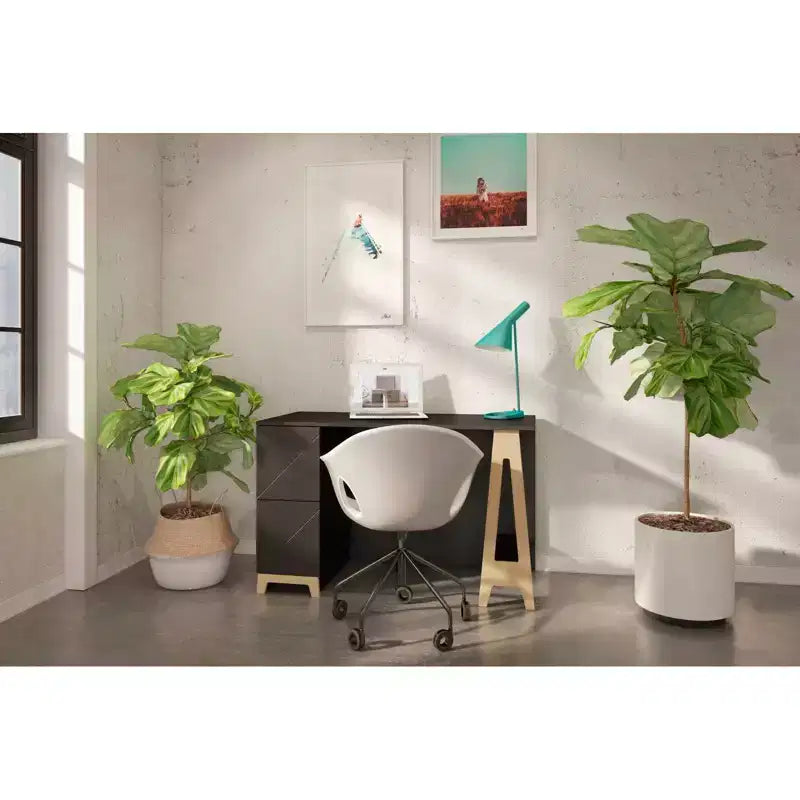 2-Drawer Desk, Black/Birch Plywood with Open Storage Shelf