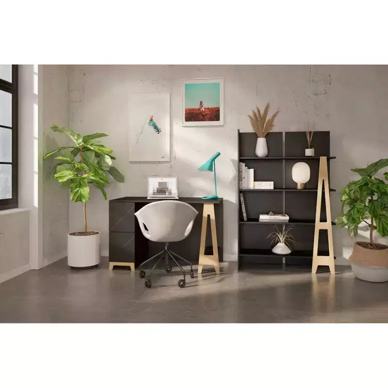 2-Drawer Desk, Black/Birch Plywood with Open Storage Shelf