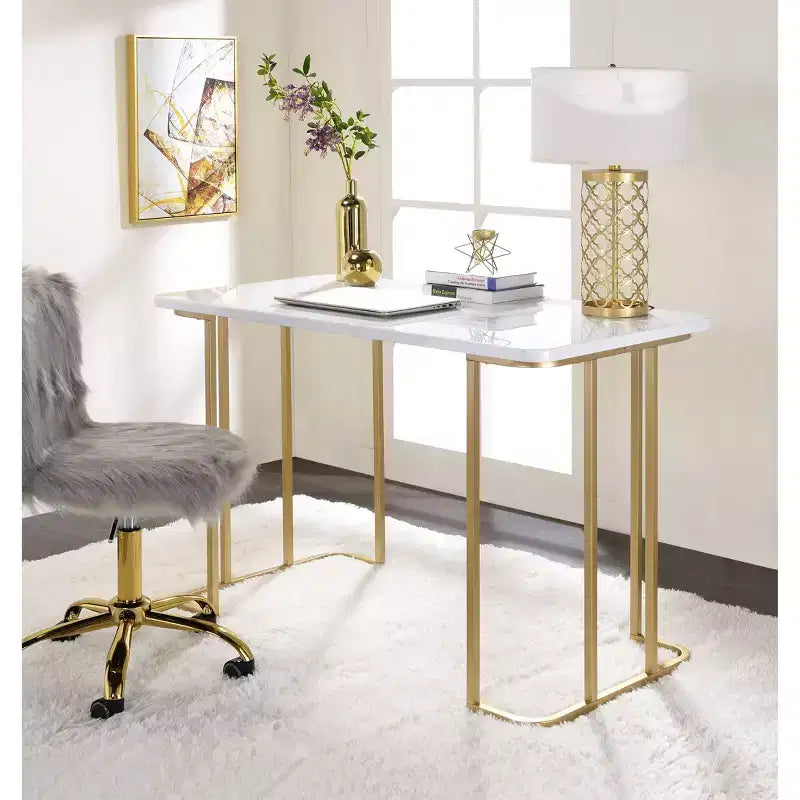 White/Gold Writing Desk, Metal Sled Base, 48" Wide