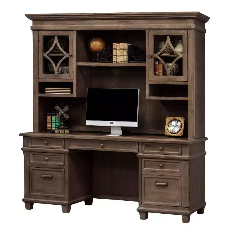 Solid Wood Hutch Top with Glass Doors and Touch-Activated Lighting, Brown