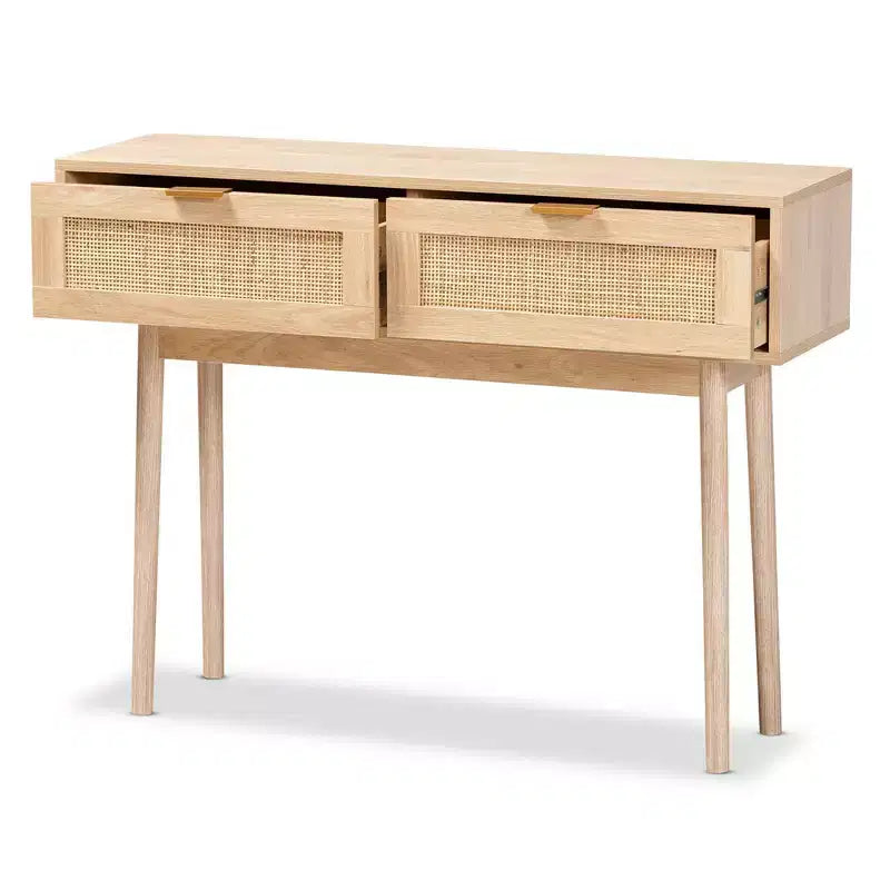 Wood and Rattan 2-Drawer Console Table, Brown with Gold Handles