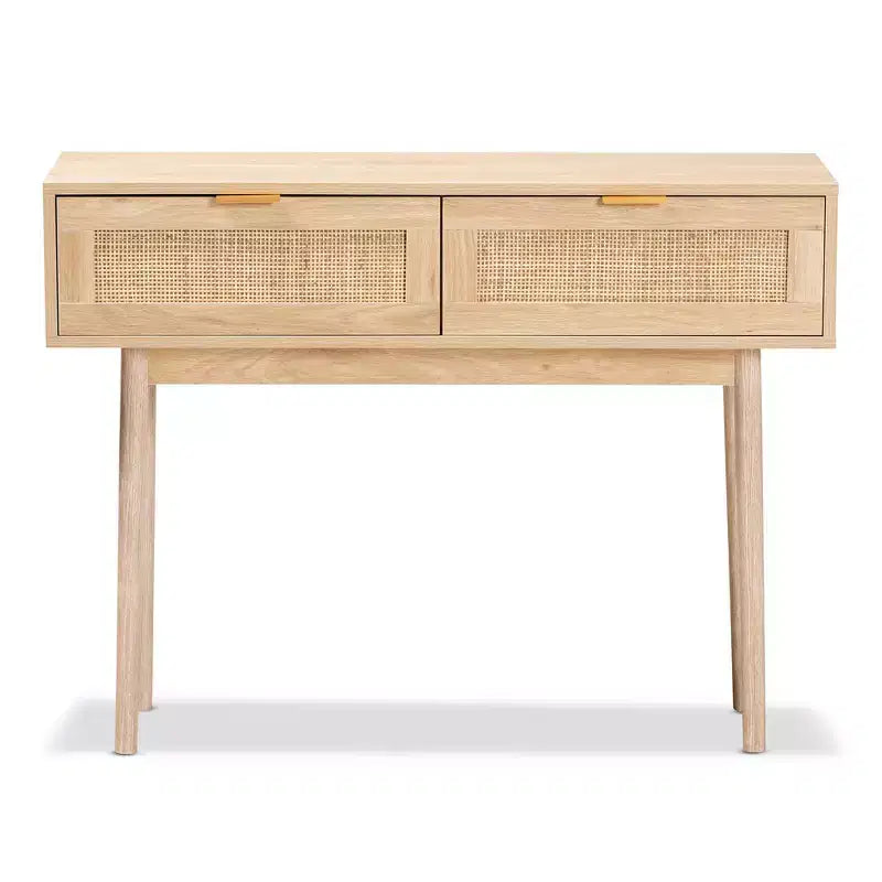 Wood and Rattan 2-Drawer Console Table, Brown with Gold Handles