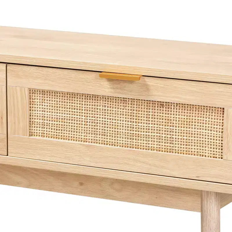 Wood and Rattan 2-Drawer Console Table, Brown with Gold Handles