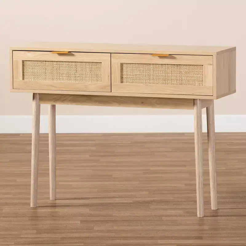 Wood and Rattan 2-Drawer Console Table, Brown with Gold Handles