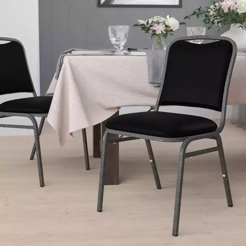 Stacking Banquet Chair, Black Vinyl with Silver Vein Frame