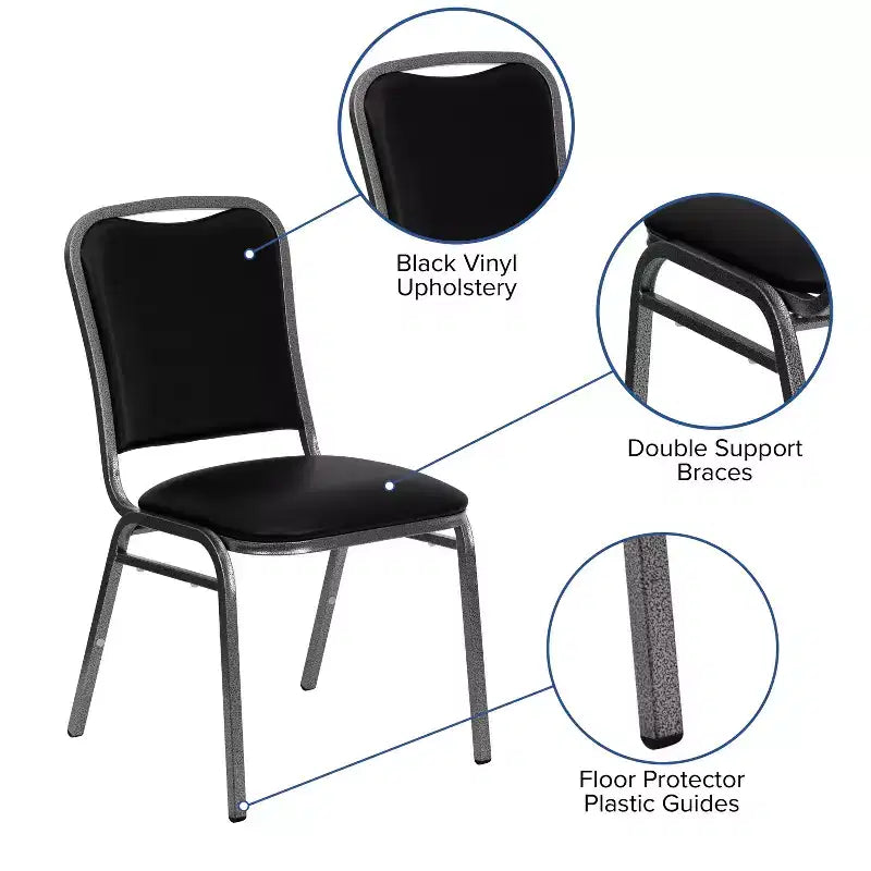Stacking Banquet Chair, Black Vinyl with Silver Vein Frame
