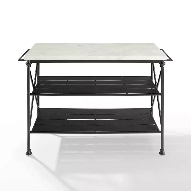 French Industrial Kitchen Island with Steel Base and Open Shelves