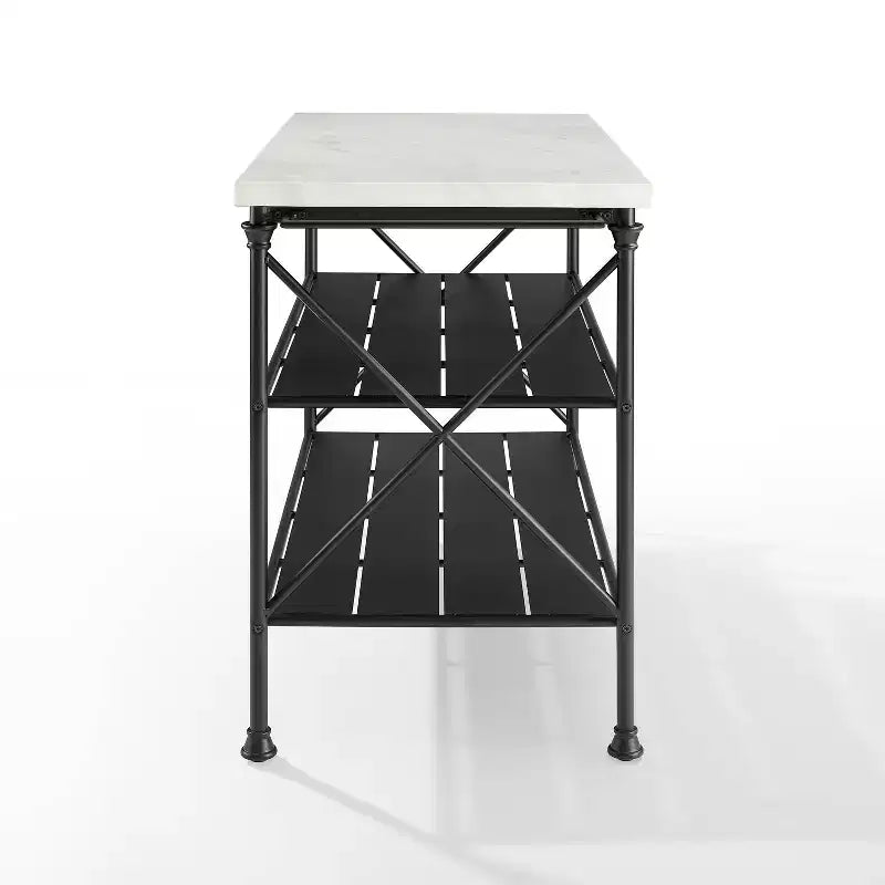 French Industrial Kitchen Island with Steel Base and Open Shelves