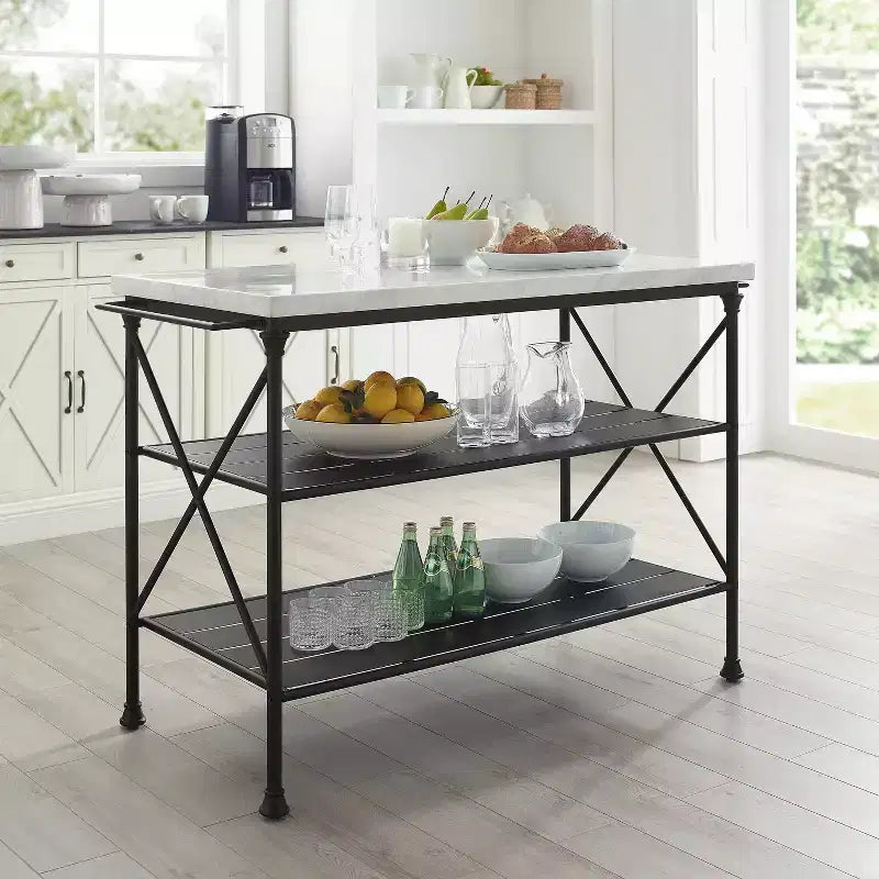 French Industrial Kitchen Island with Steel Base and Open Shelves