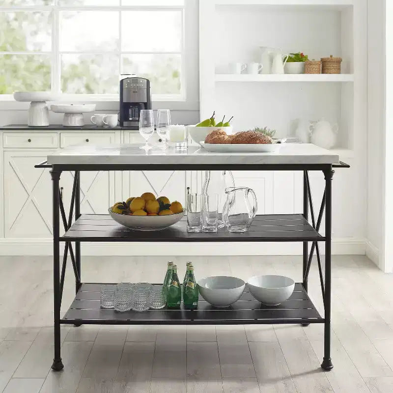 French Industrial Kitchen Island with Steel Base and Open Shelves