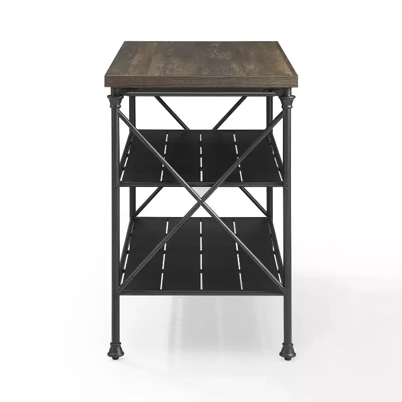French Industrial Kitchen Island with Steel Base and Open Shelves