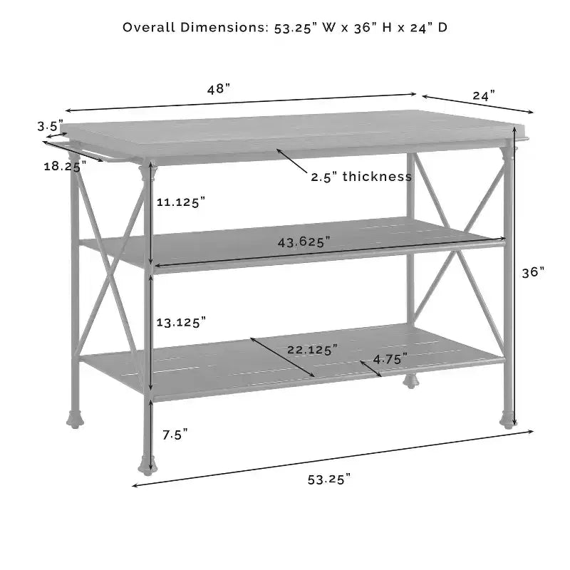 French Industrial Kitchen Island with Steel Base and Open Shelves
