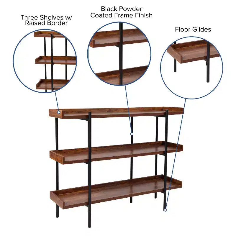 3-Shelf Rustic Wood Grain Display Bookcase, 35"H