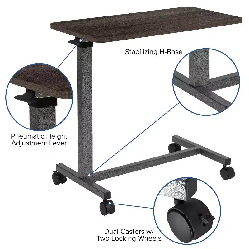 Adjustable Rolling Overbed Table with Wheels, Dark Oak Finish