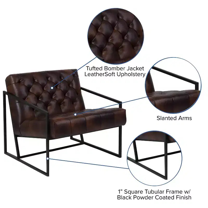 Tufted Bonded Leather Lounge Accent Chair with Slanted Arms