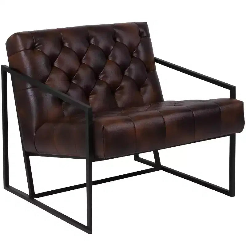 Tufted Bonded Leather Lounge Accent Chair with Slanted Arms