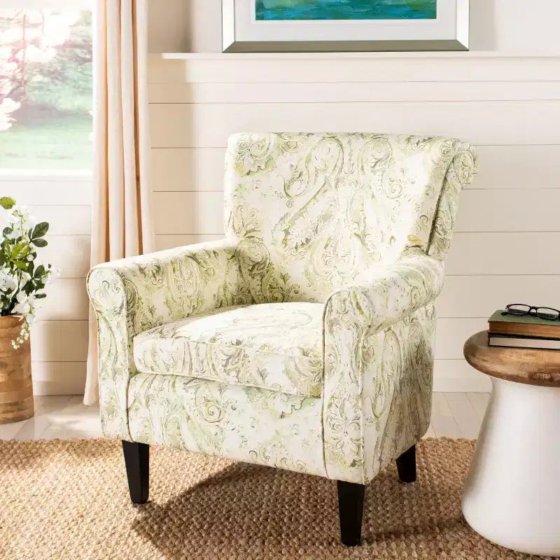Upholstered Club Armchair, Red-White Floral Print, Cotton/Linen