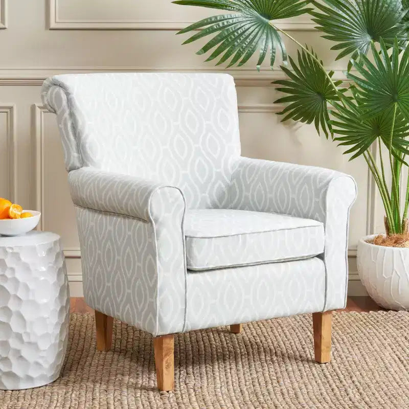 Upholstered Club Armchair, Red-White Floral Print, Cotton/Linen