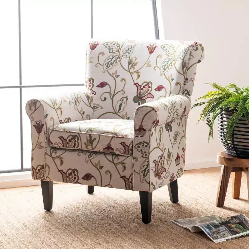Upholstered Club Armchair, Red-White Floral Print, Cotton/Linen