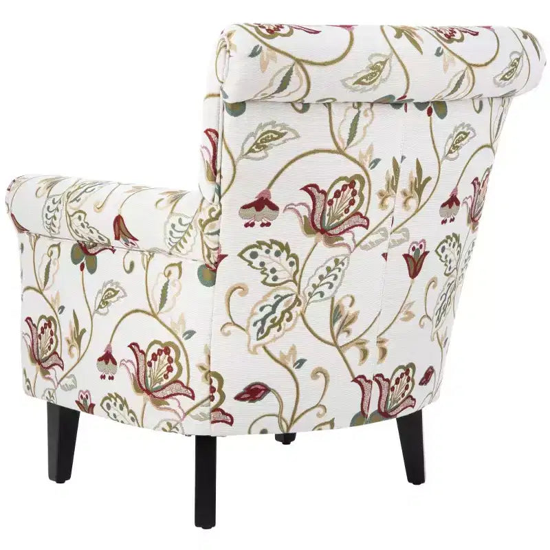 Upholstered Club Armchair, Red-White Floral Print, Cotton/Linen