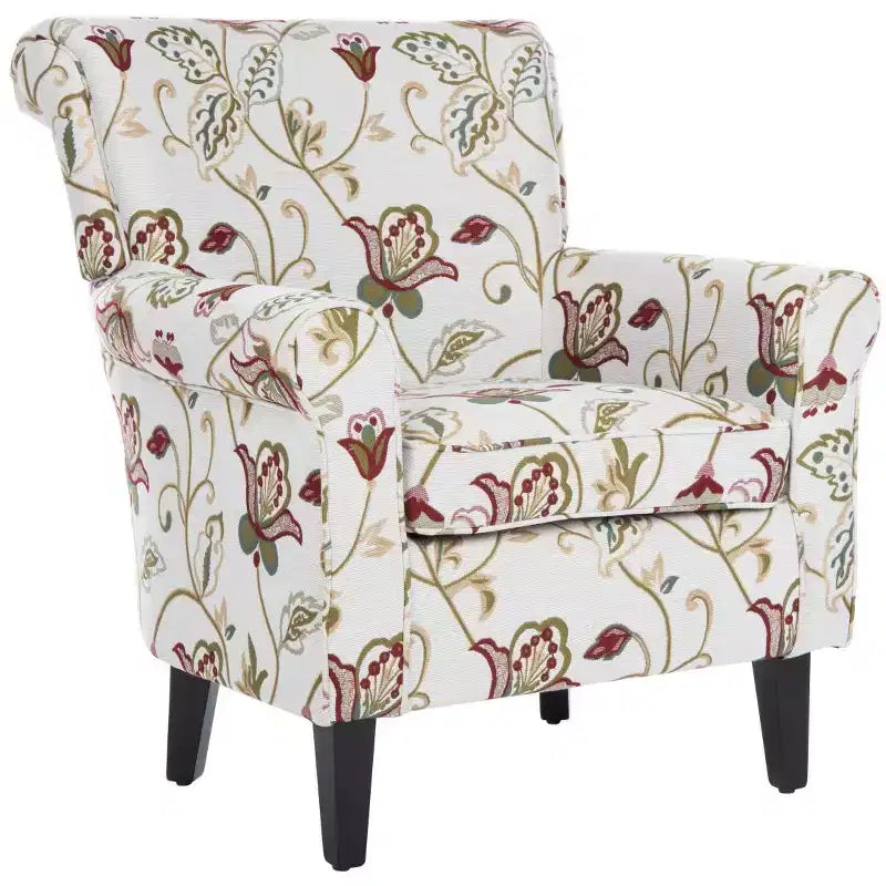 Upholstered Club Armchair, Red-White Floral Print, Cotton/Linen