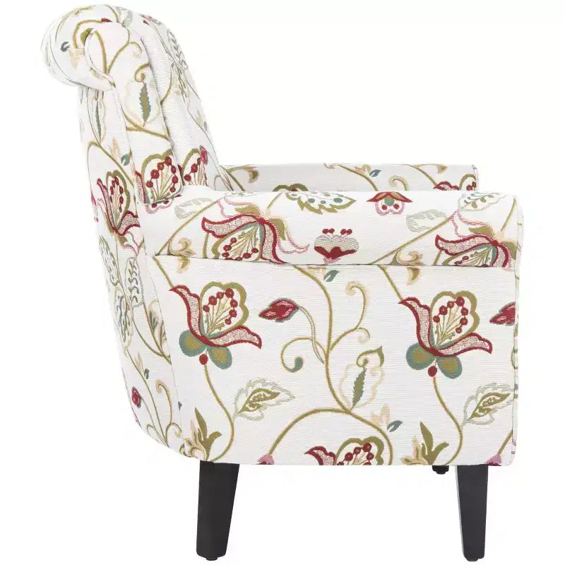 Upholstered Club Armchair, Red-White Floral Print, Cotton/Linen