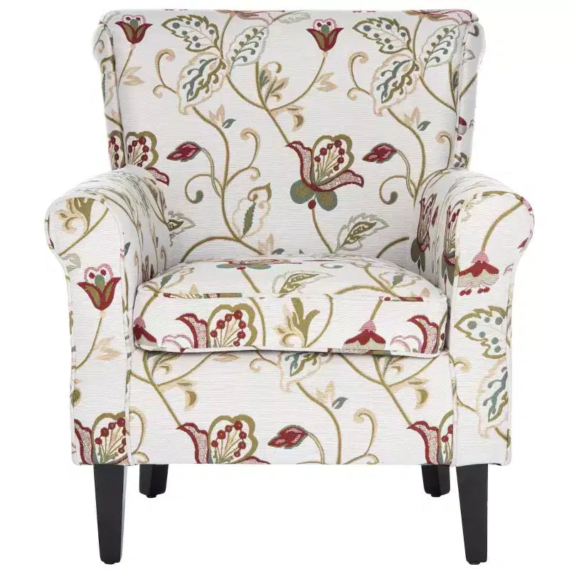Upholstered Club Armchair, Red-White Floral Print, Cotton/Linen