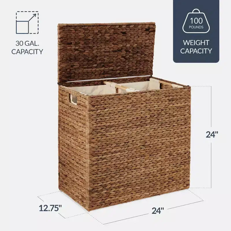 Large Natural Water Hyacinth Double Laundry Hamper with 2 Liner Bags