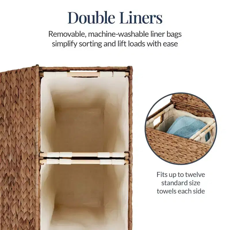 Large Natural Water Hyacinth Double Laundry Hamper with 2 Liner Bags