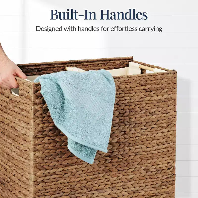 Large Natural Water Hyacinth Double Laundry Hamper with 2 Liner Bags