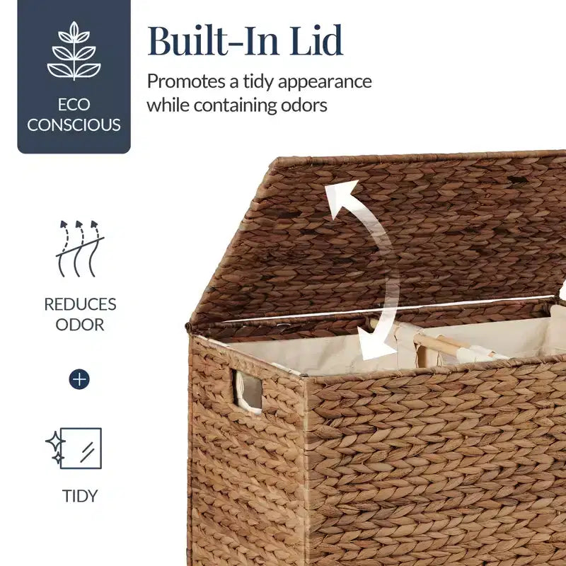 Large Natural Water Hyacinth Double Laundry Hamper with 2 Liner Bags