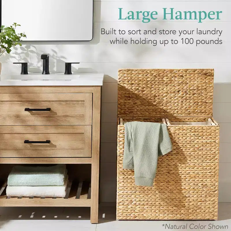 Large Natural Water Hyacinth Double Laundry Hamper with 2 Liner Bags