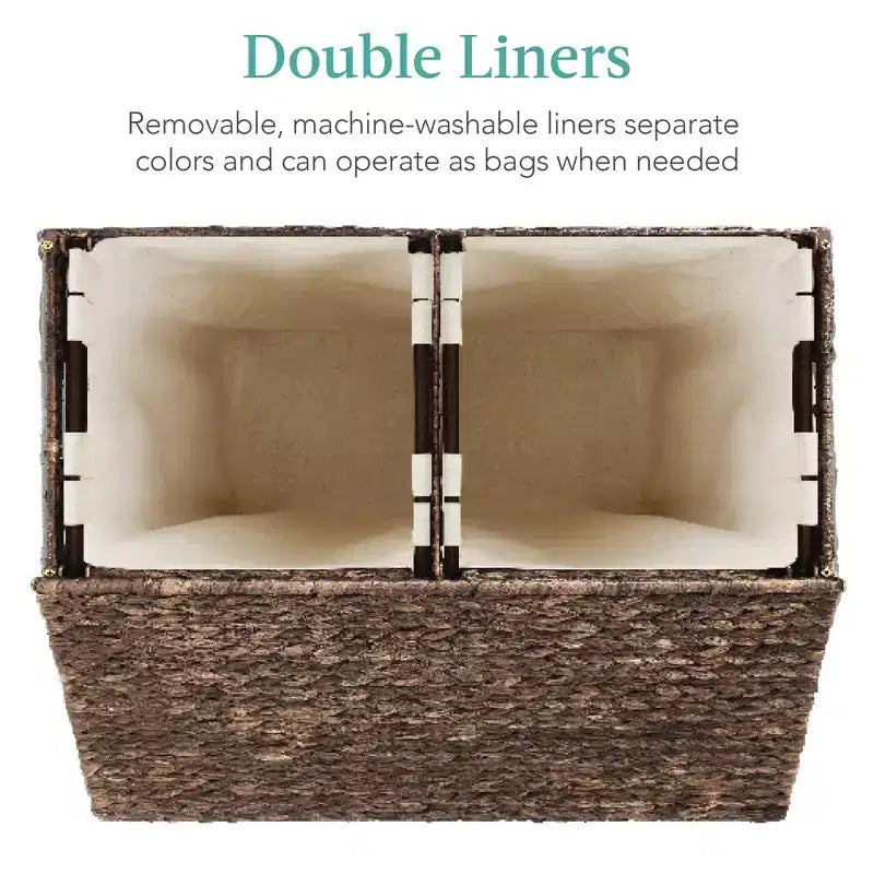 Large Natural Water Hyacinth Double Laundry Hamper with 2 Liner Bags