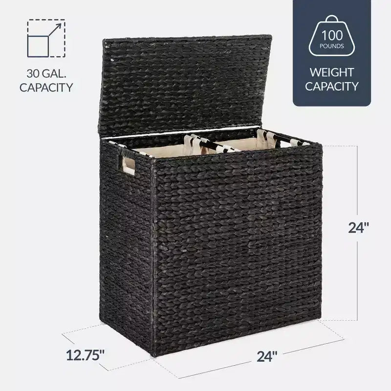Large Natural Water Hyacinth Double Laundry Hamper with 2 Liner Bags