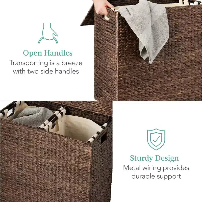 Large Natural Water Hyacinth Double Laundry Hamper with 2 Liner Bags