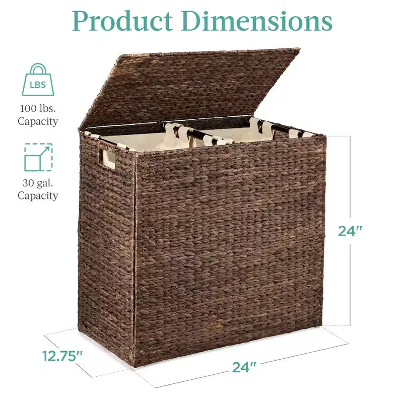 Large Natural Water Hyacinth Double Laundry Hamper with 2 Liner Bags