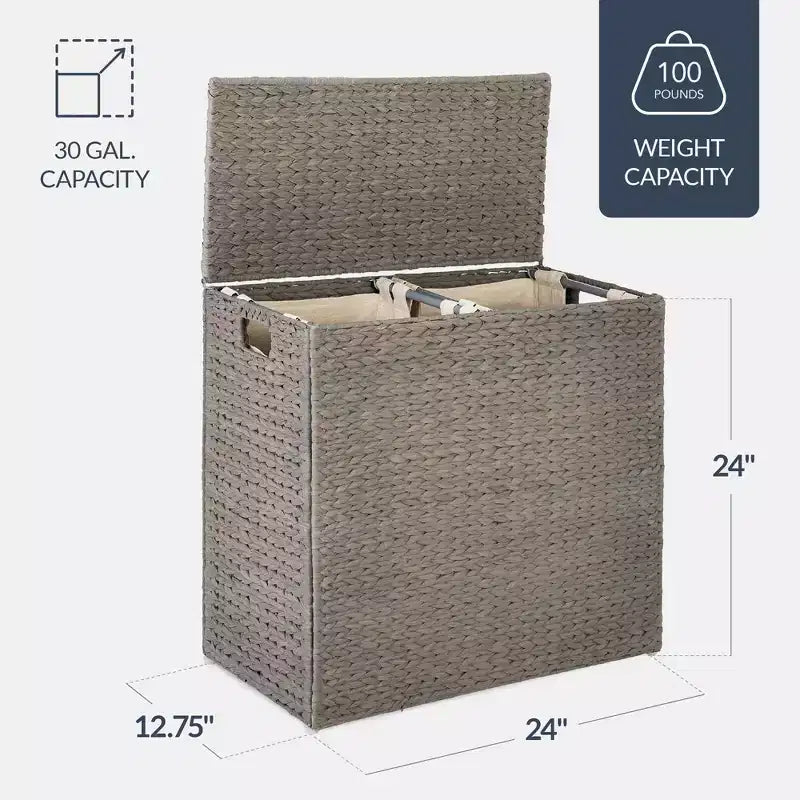 Large Natural Water Hyacinth Double Laundry Hamper with 2 Liner Bags