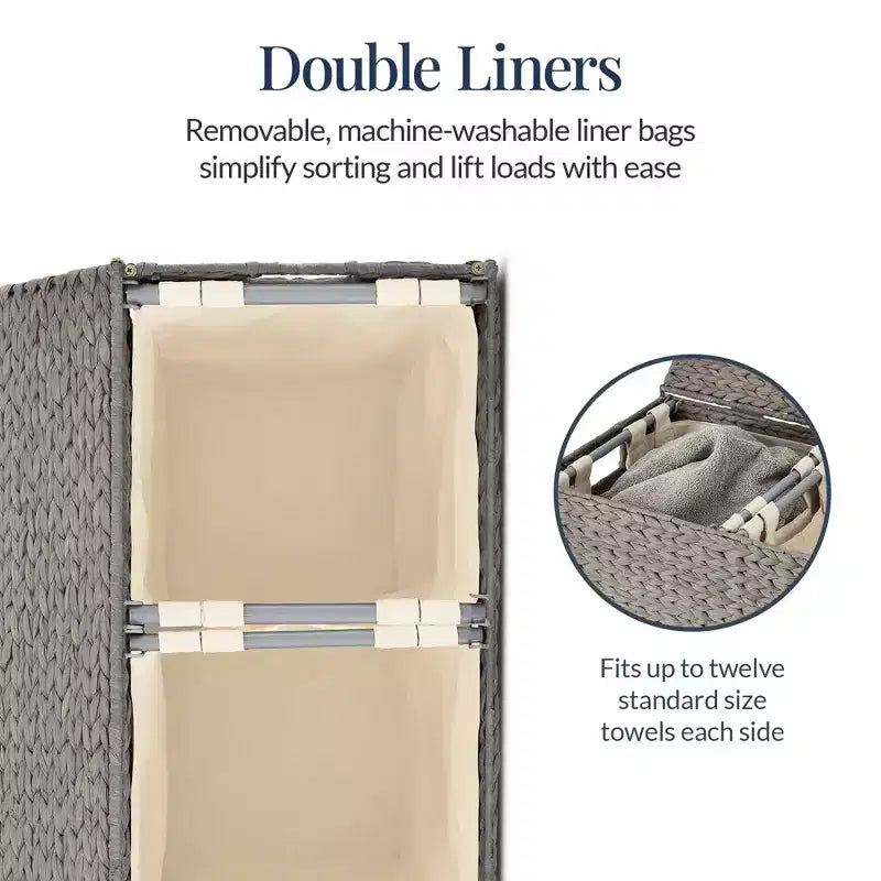 Large Natural Water Hyacinth Double Laundry Hamper with 2 Liner Bags