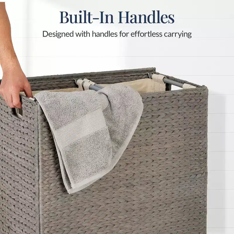 Large Natural Water Hyacinth Double Laundry Hamper with 2 Liner Bags